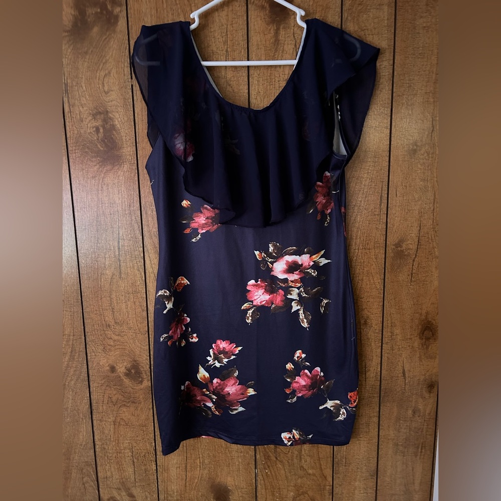 Women’s Floral Ruffle Mini Dress – Size L Elegant Fitted Occasion Dress